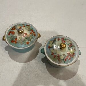 Antique hand painted lidded porcelain dish set. Set of 2. So Beautiful!